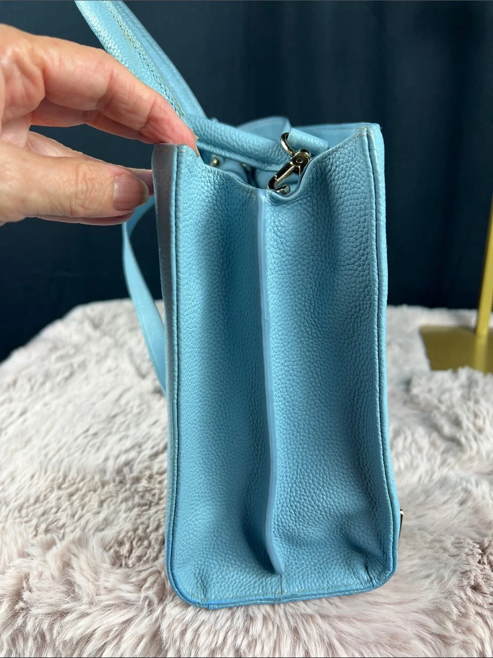 Metrocity Korean Luxury Sky Blue Debossed Leather 2-Way Tote
